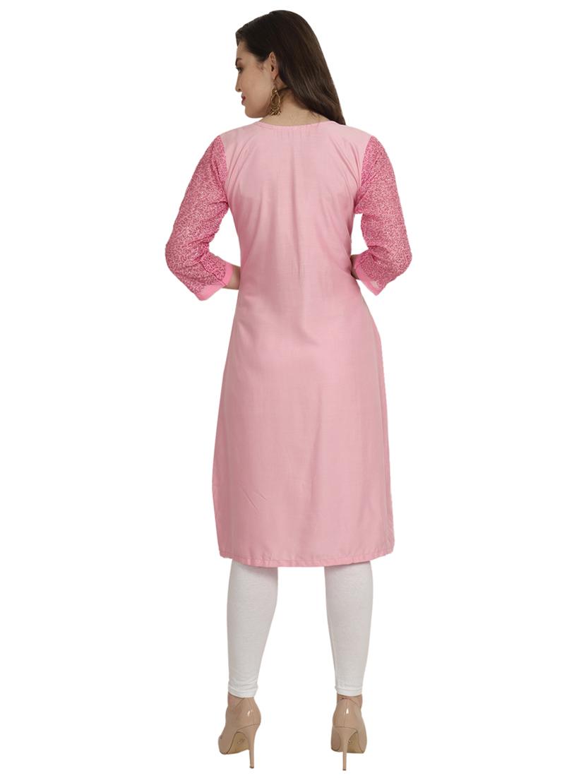 rose water solid straight kurta - 18419174 - Zoom Image - 4