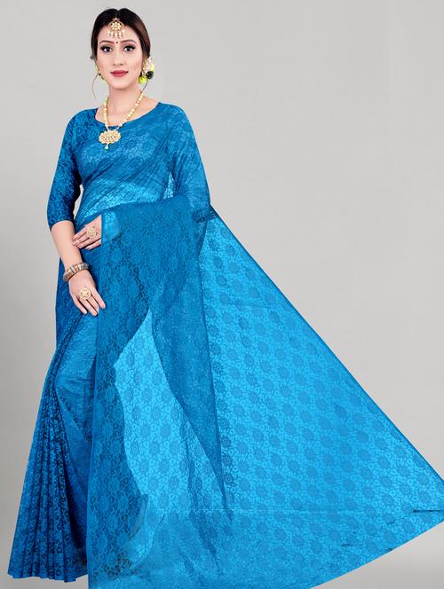 blue solid net saree with blouse - 18420752 - Standard Image - 1