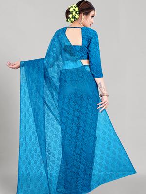 blue solid net saree with blouse - 18420752 - Standard Image - 2