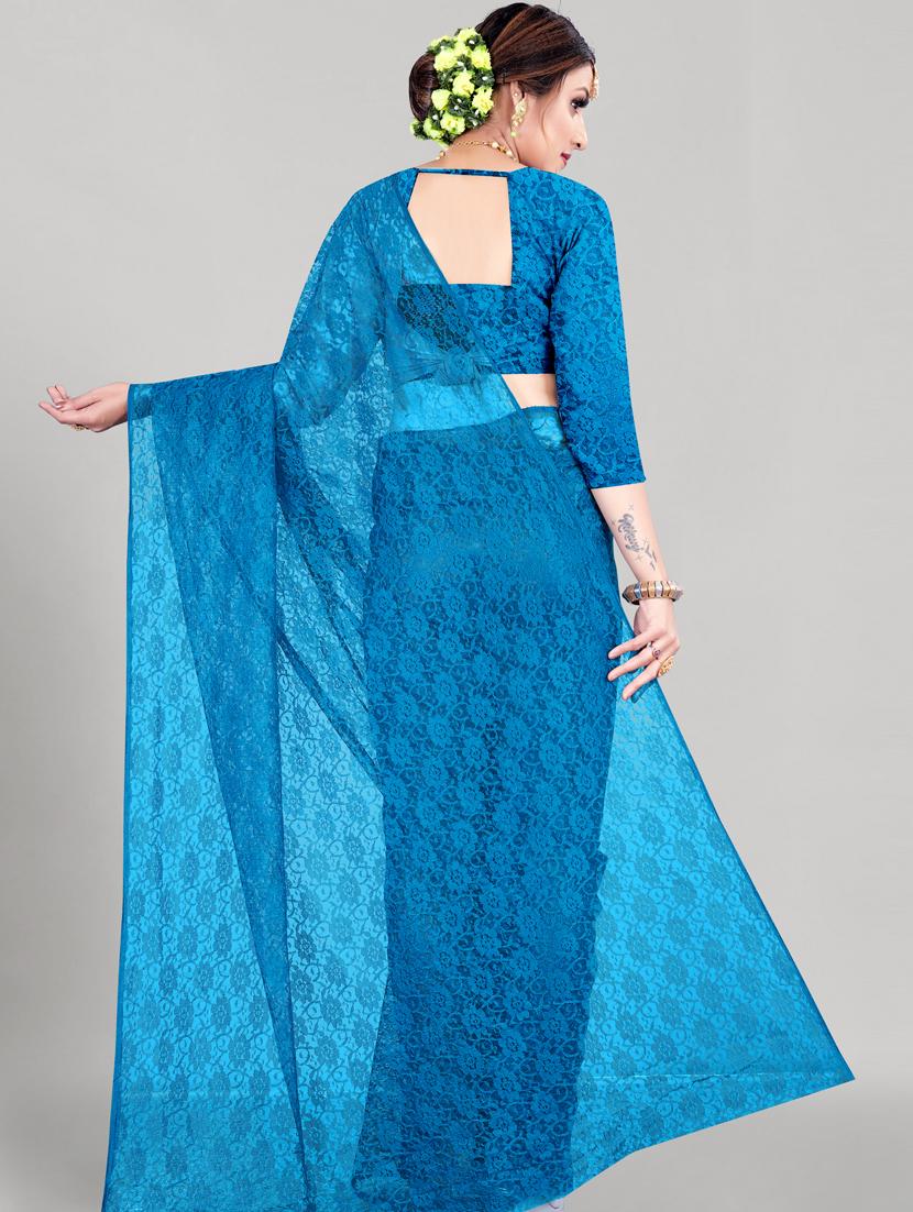 blue solid net saree with blouse - 18420752 - Zoom Image - 2
