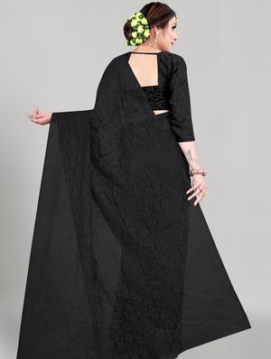 black solid net saree with blouse - 18420755 - Standard Image - 2