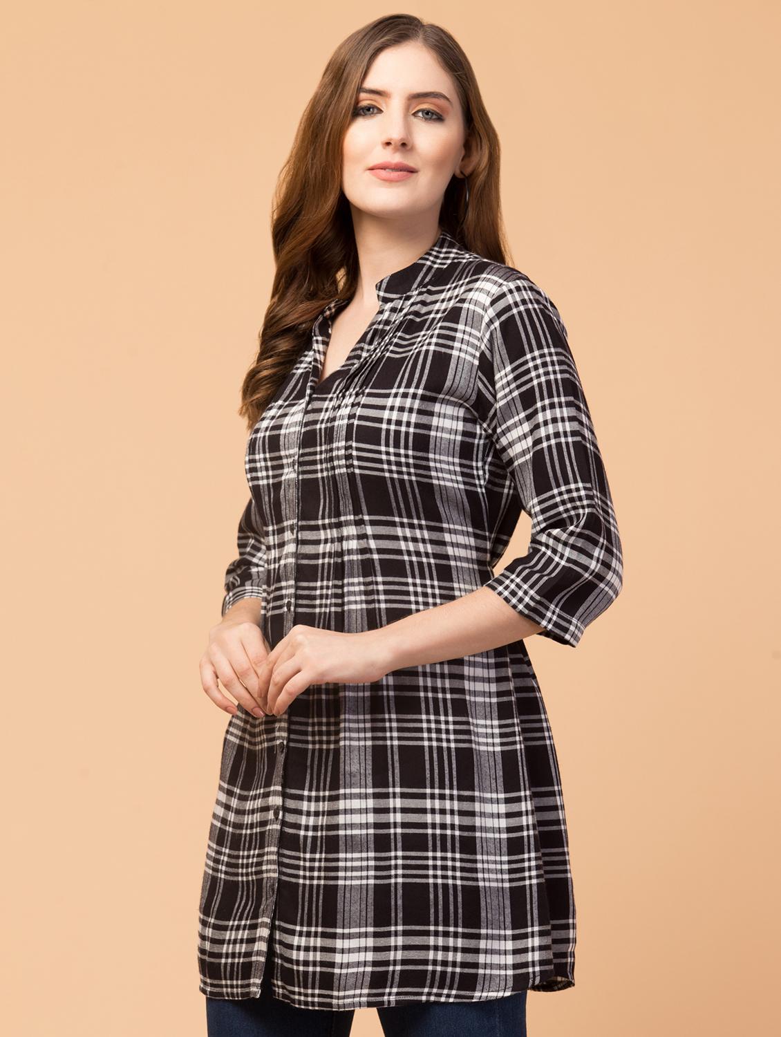 mandarin neck checkered tunic - 18421023 - Zoom Image - 2