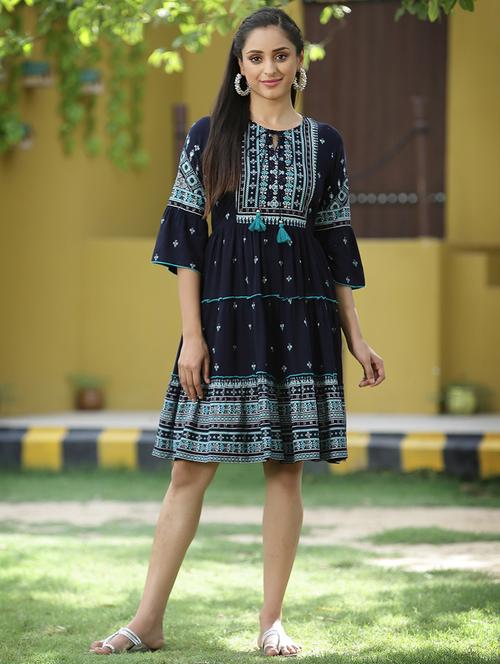 blue rayon tiered ethnic dress - 18421203 - Standard Image - 1
