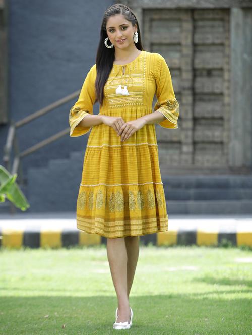 yellow rayon tiered ethnic dress - 18421204 - Standard Image - 1