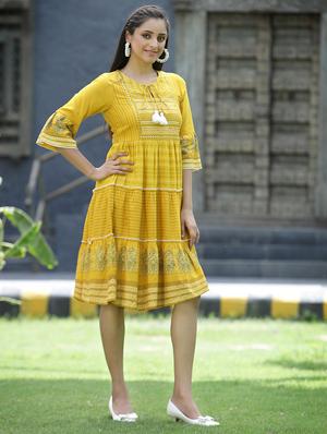 yellow rayon tiered ethnic dress - 18421204 - Standard Image - 2