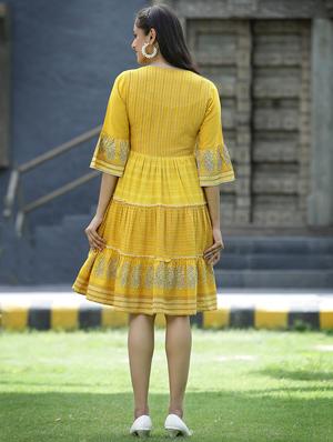 yellow rayon tiered ethnic dress - 18421204 - Standard Image - 3