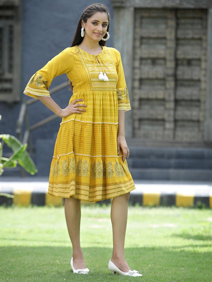 yellow rayon tiered ethnic dress - 18421204 - Zoom Image - 2