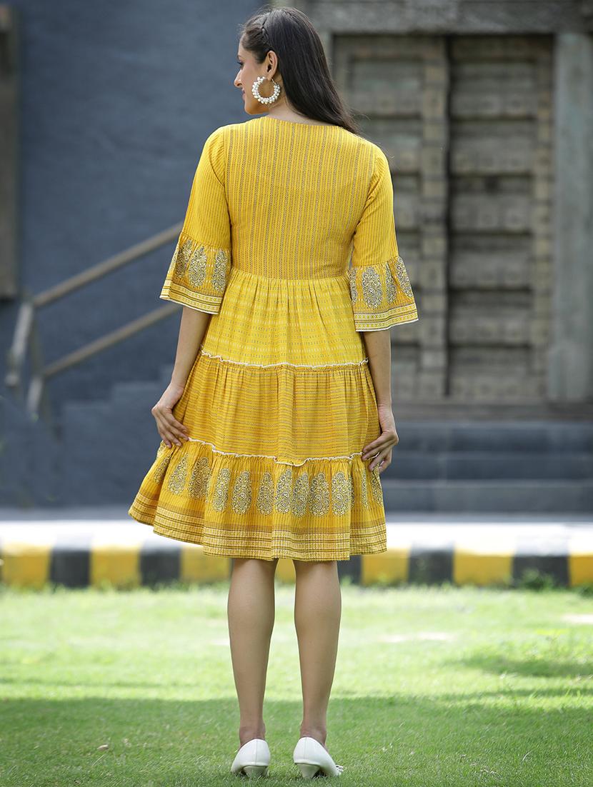 yellow rayon tiered ethnic dress - 18421204 - Zoom Image - 3
