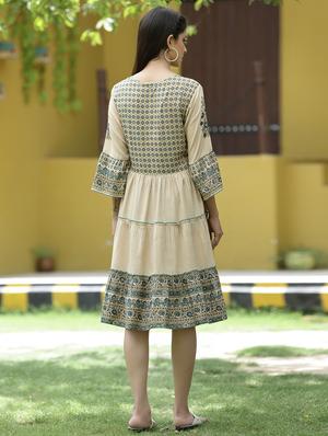 beige rayon tiered ethnic dress - 18421205 - Standard Image - 3