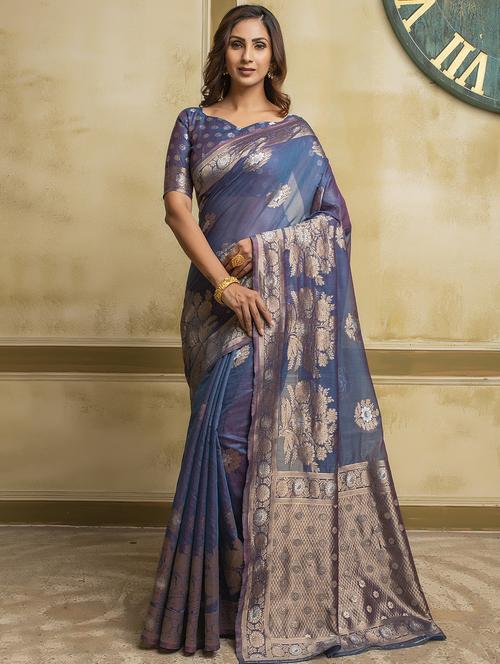 blue cotton blend woven saree with blouse - 18422075 - Standard Image - 1