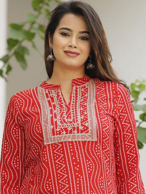 red printed straight kurta - 18422460 - Standard Image - 3