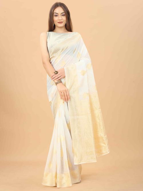 white cotton blend woven saree with blouse - 18423751 - Standard Image - 1