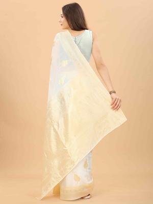 white cotton blend woven saree with blouse - 18423751 - Standard Image - 2