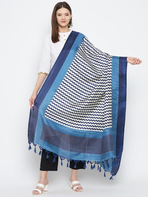 navy silk blend printed dupatta - 18423797 - Standard Image - 1