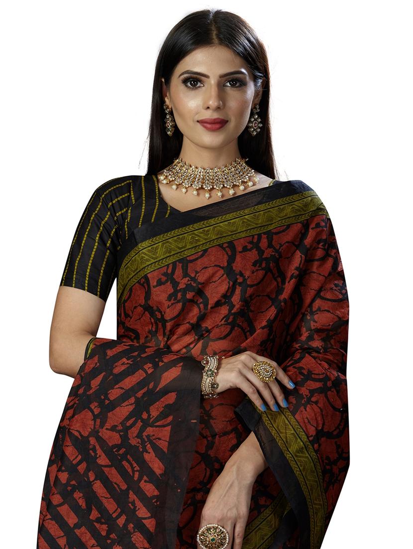 brown cotton printed saree with blouse - 18430816 - Zoom Image - 3