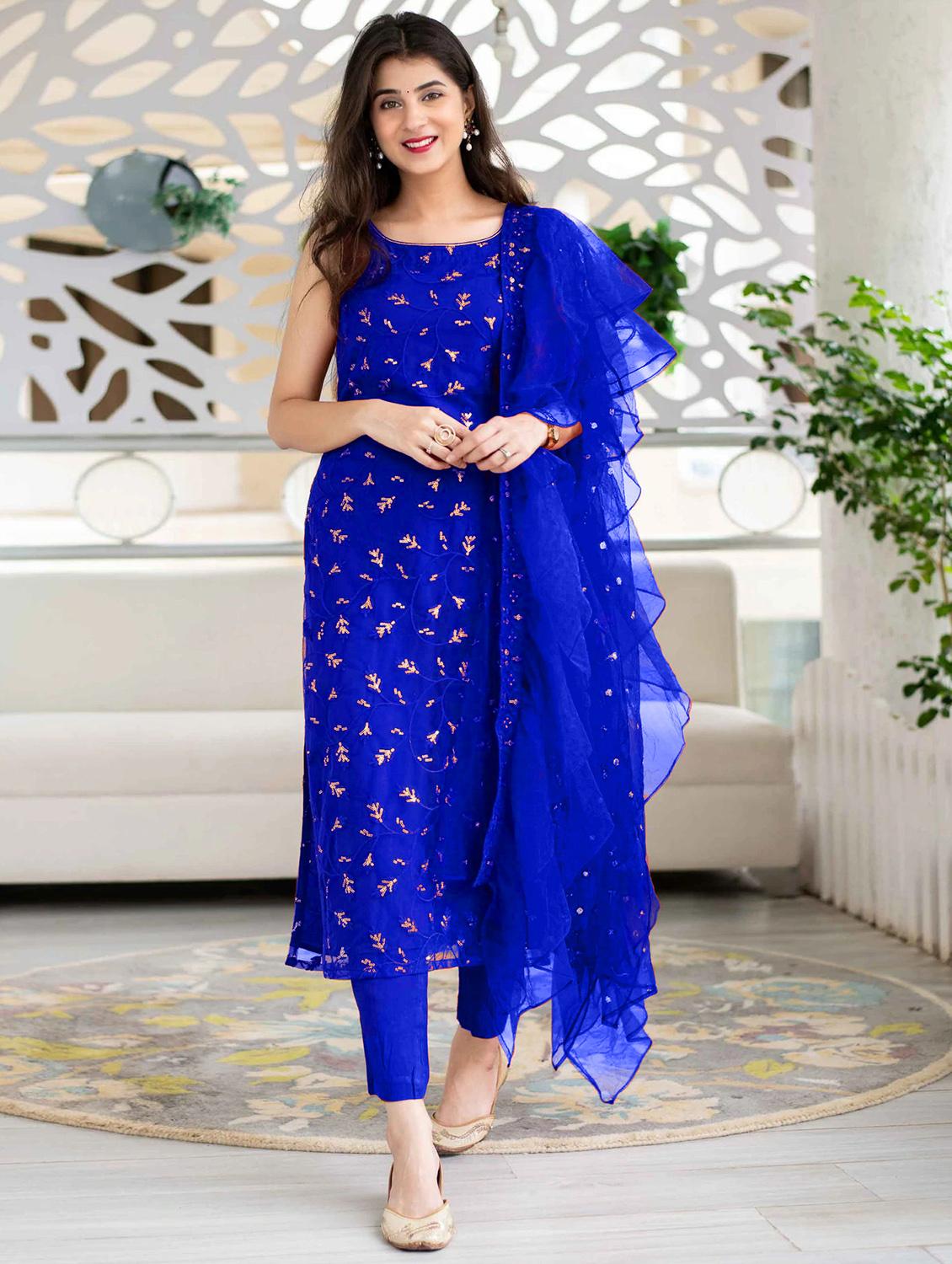 blue straight pant suit semi-stitched suit - 18430855 - Zoom Image - 2