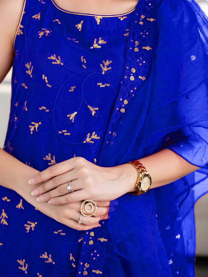 blue straight pant suit semi-stitched suit - 18430855 - Zoom Image - 4