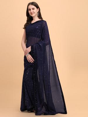 blue embroidered saree with blouse - 18431079 - Standard Image - 3