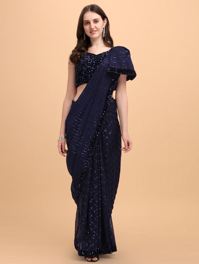 blue embroidered saree with blouse - 18431079 - Zoom Image - 2