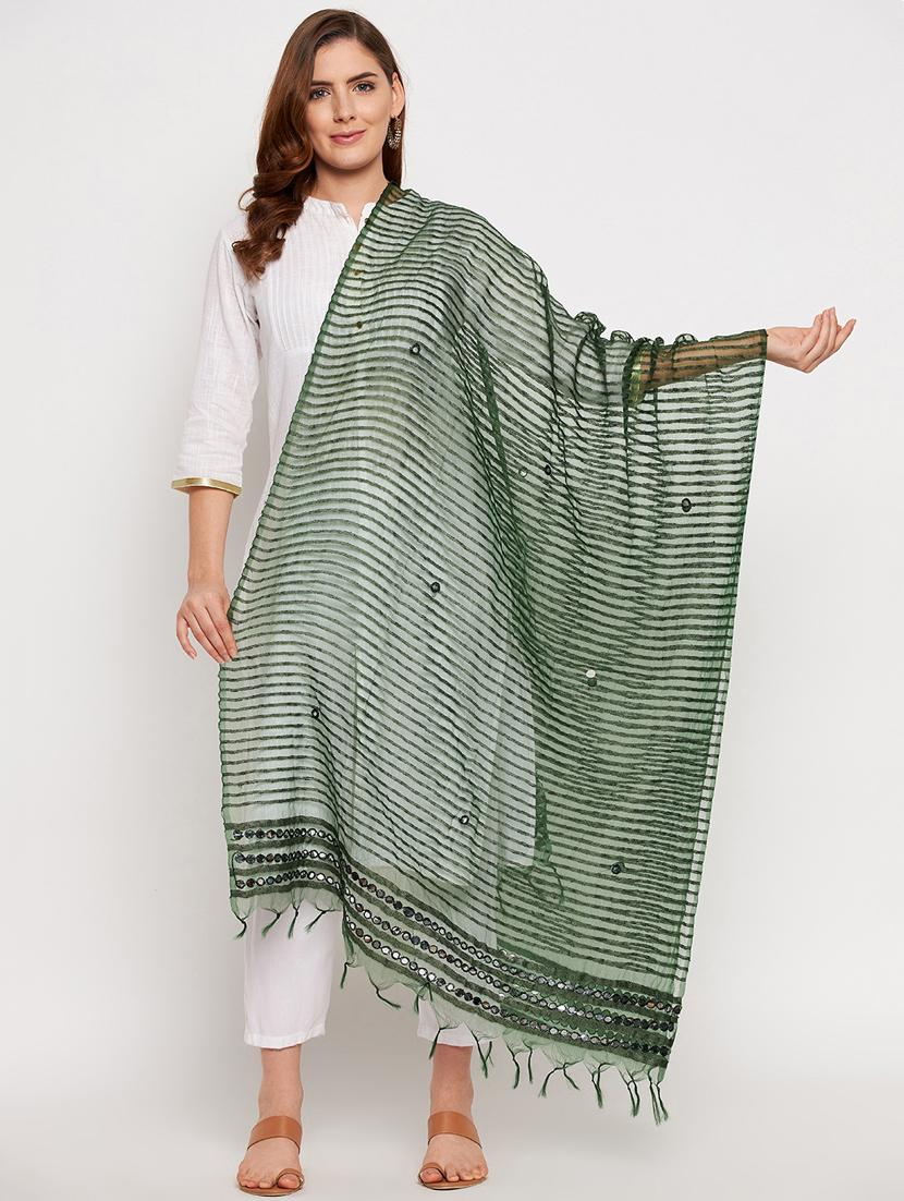 green silk blend embroidered dupatta - 18431154 - Zoom Image - 1