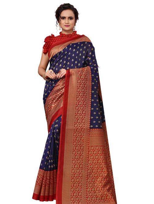 navy art silk printed saree with blouse - 18436026 - Standard Image - 1