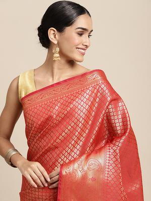 golden zari work woven saree with blouse - 18436716 - Standard Image - 3