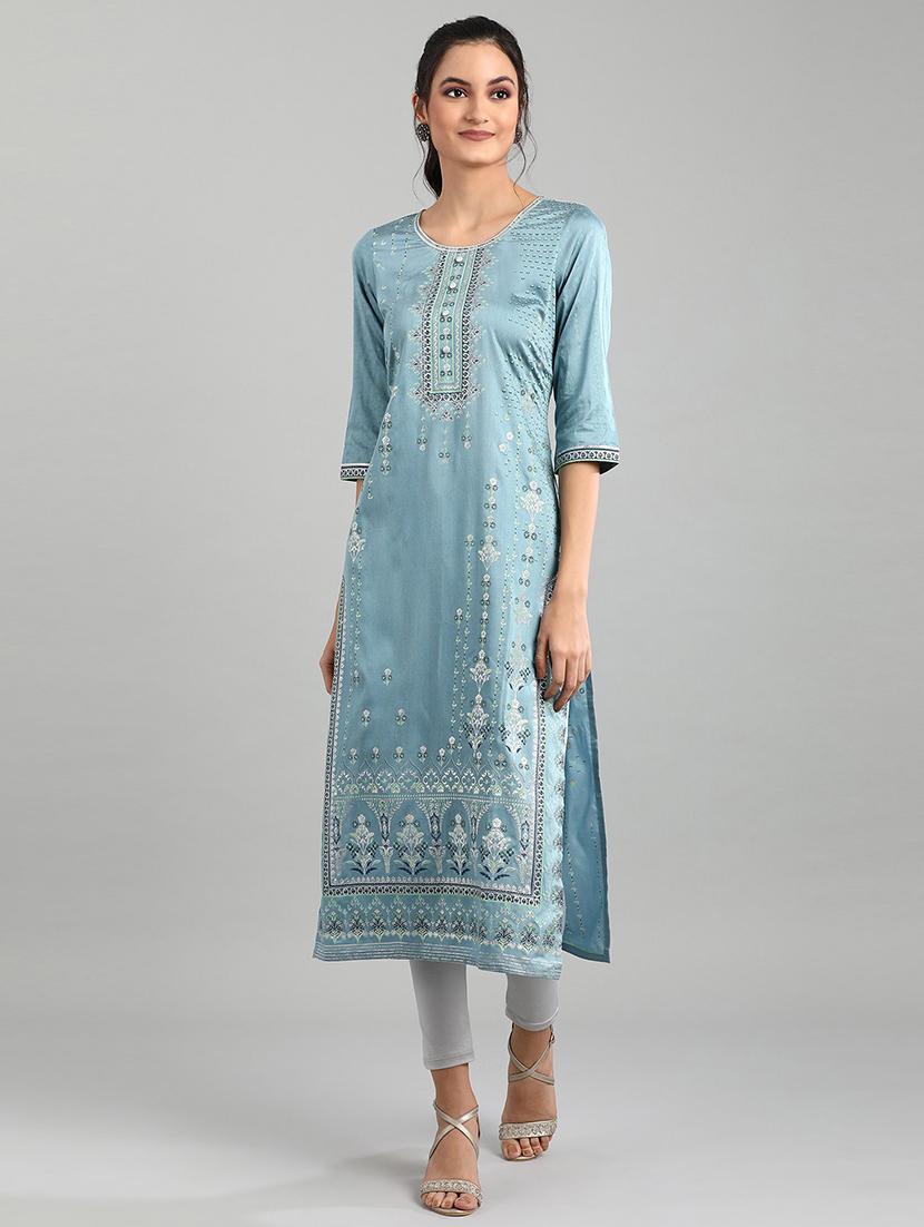blue floral straight kurta - 18438012 - Zoom Image - 1