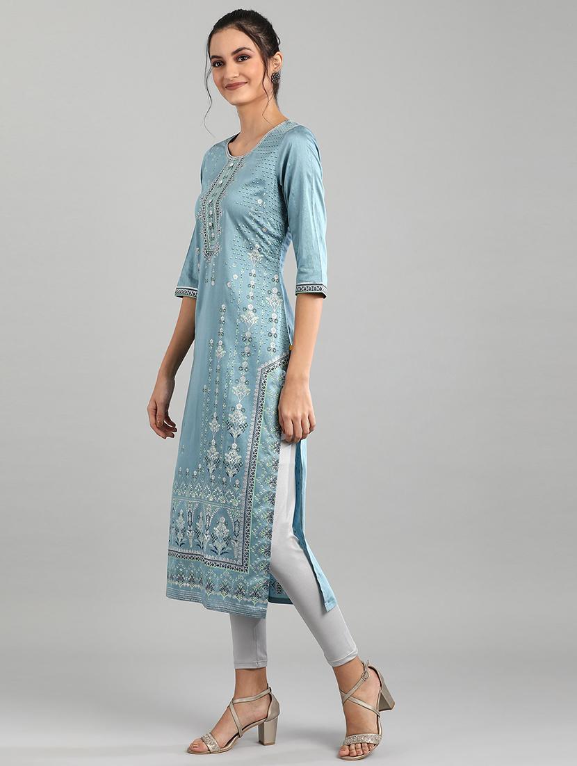 blue floral straight kurta - 18438012 - Zoom Image - 2