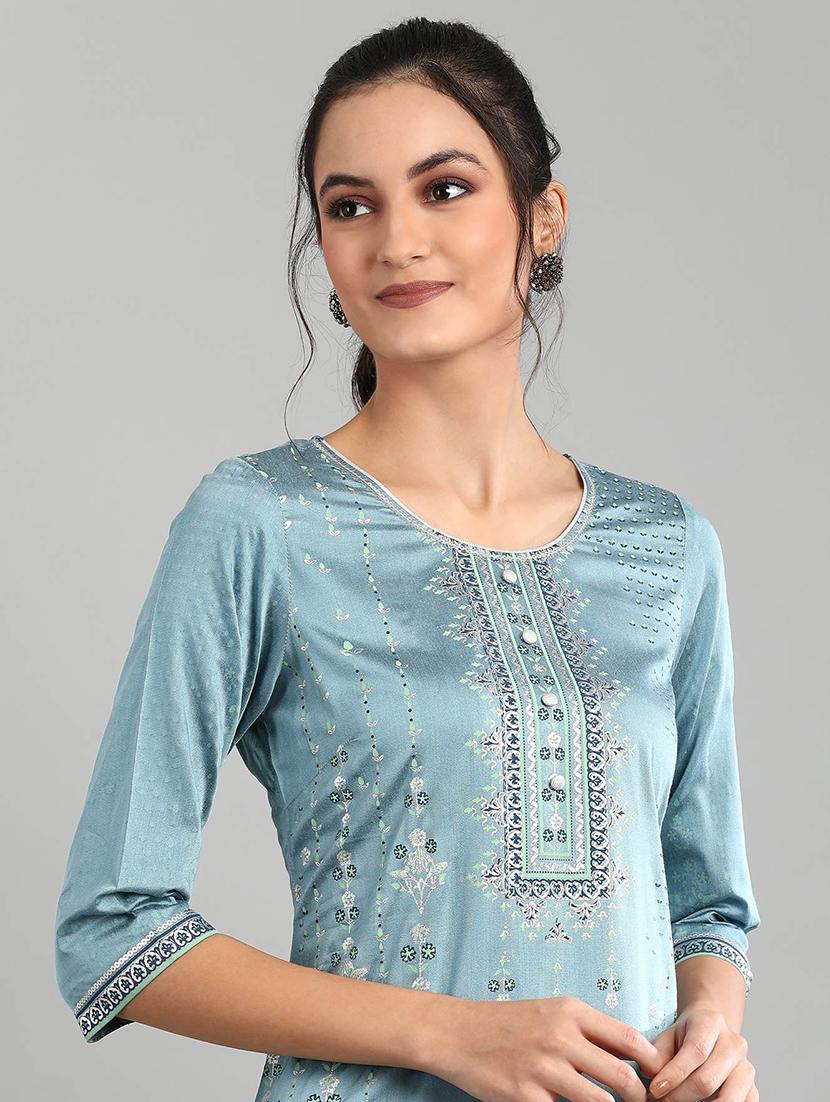 blue floral straight kurta - 18438012 - Zoom Image - 4