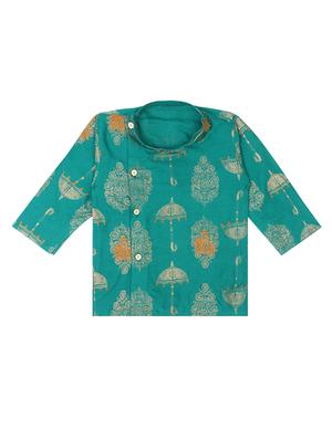 boys teal green block printed dhoti kurta set - 18438507 - Standard Image - 3