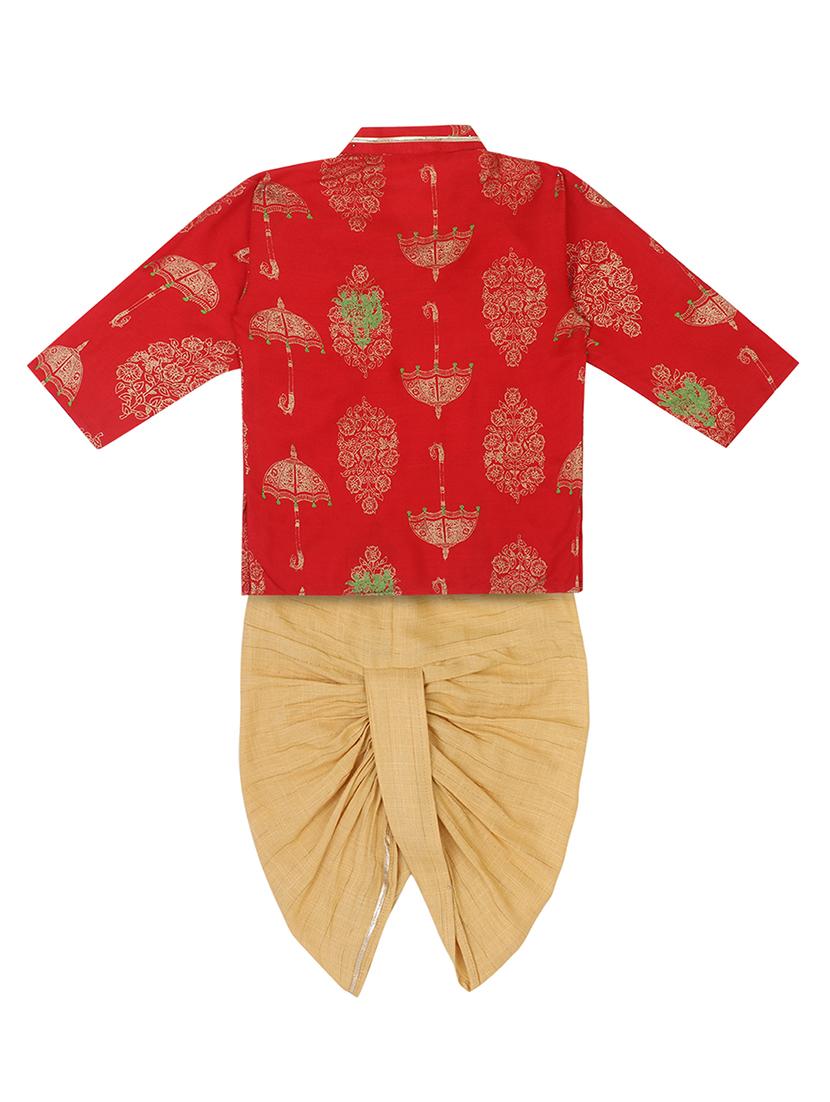 boys red block printed dhoti kurta set - 18438510 - Zoom Image - 2