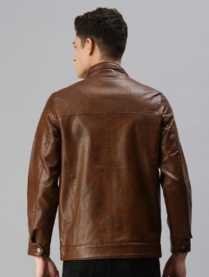 brown solid leather casual jacket - 18438952 - Standard Image - 3