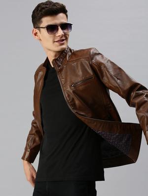 brown solid leather casual jacket - 18438952 - Standard Image - 4