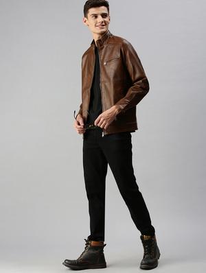 brown solid leather casual jacket - 18438952 - Standard Image - 5