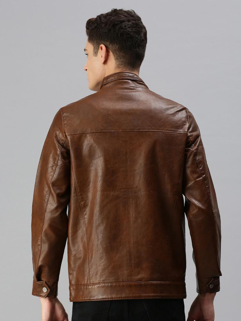 brown solid leather casual jacket - 18438952 - Zoom Image - 3