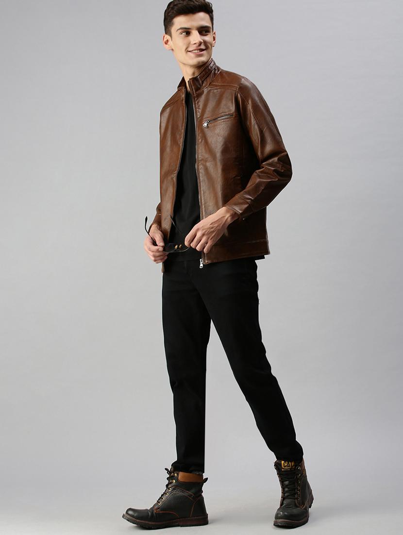 brown solid leather casual jacket - 18438952 - Zoom Image - 5