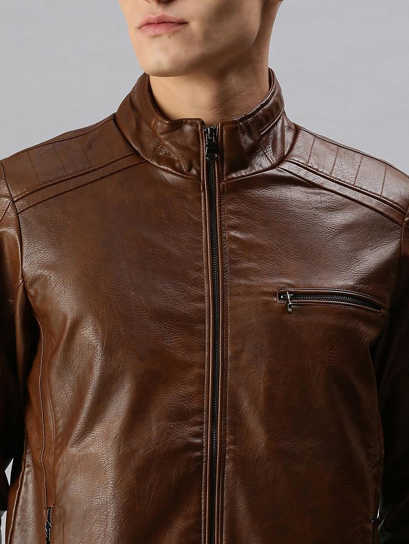 brown solid leather casual jacket - 18438952 - Zoom Image - 6