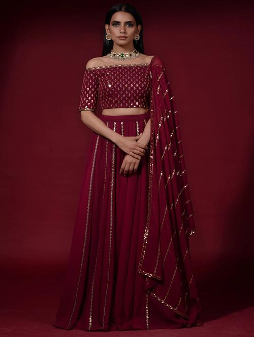 maroon embroidered & sequence work solid semi-stitched lehenga choli with dupatta - 18438997 - Standard Image - 1