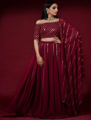 maroon embroidered & sequence work solid semi-stitched lehenga choli with dupatta - 18438997 - Standard Image - 3