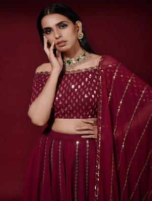 maroon embroidered & sequence work solid semi-stitched lehenga choli with dupatta - 18438997 - Standard Image - 4