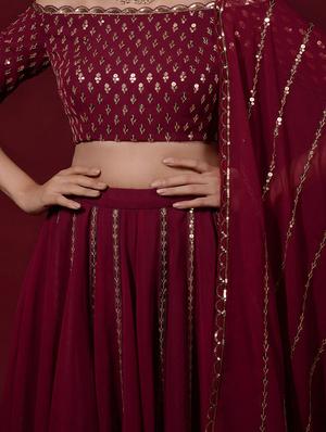 maroon embroidered & sequence work solid semi-stitched lehenga choli with dupatta - 18438997 - Standard Image - 5