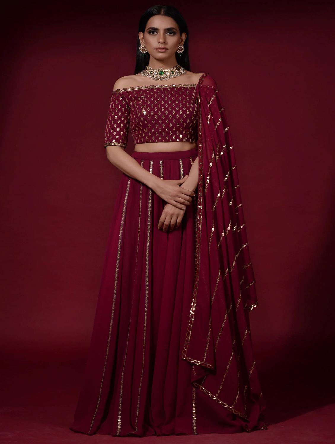 maroon embroidered & sequence work solid semi-stitched lehenga choli with dupatta - 18438997 - Zoom Image - 1