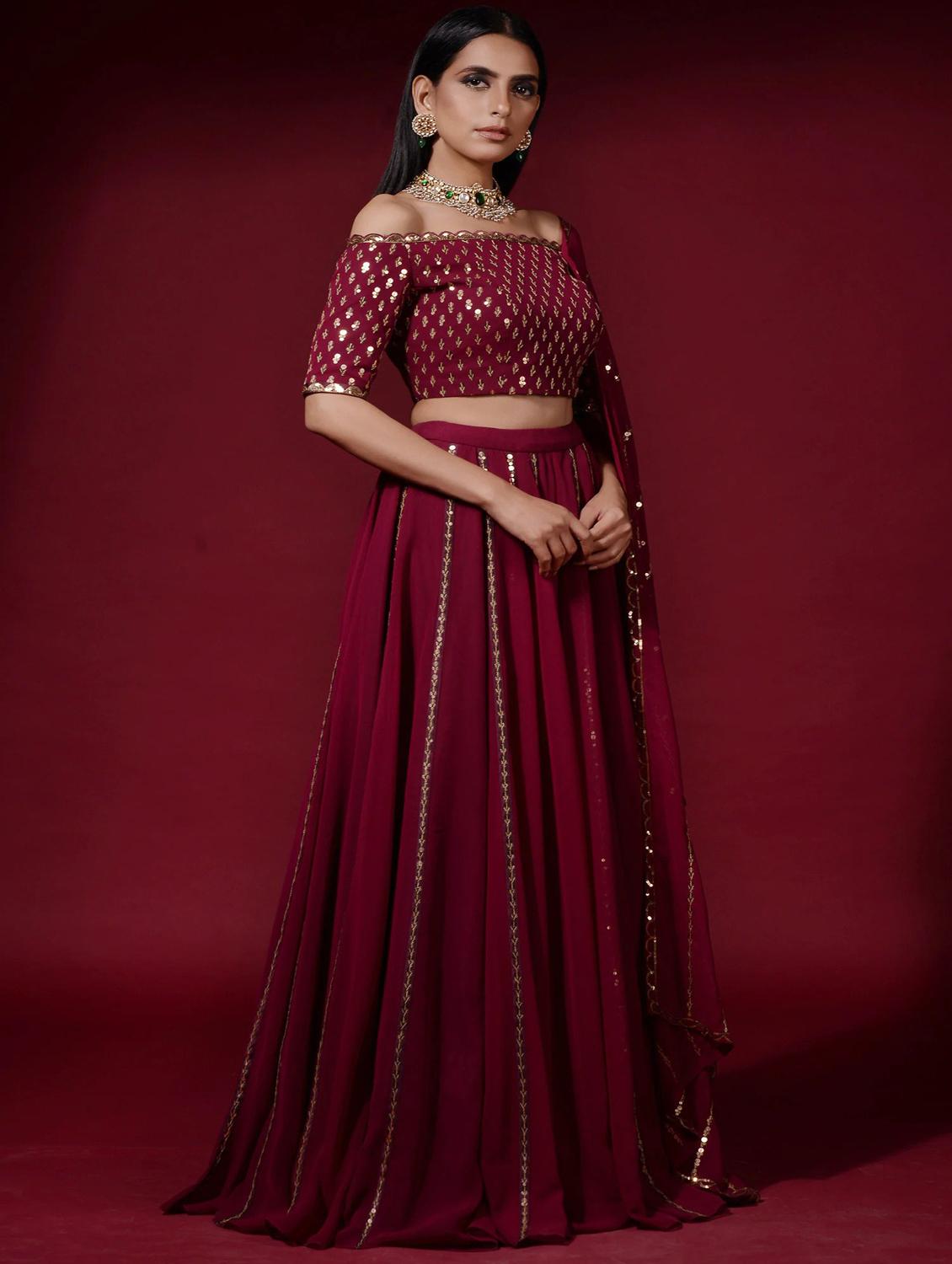 maroon embroidered & sequence work solid semi-stitched lehenga choli with dupatta - 18438997 - Zoom Image - 2