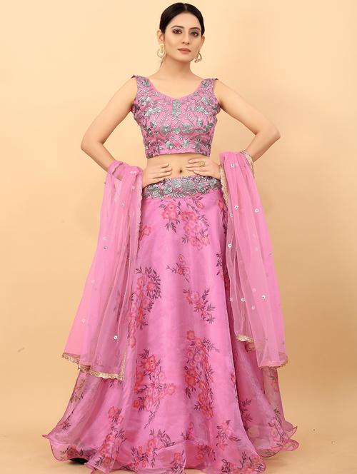 pink embroidered work floral semi-stitched lehenga choli with dupatta - 18439034 - Standard Image - 1