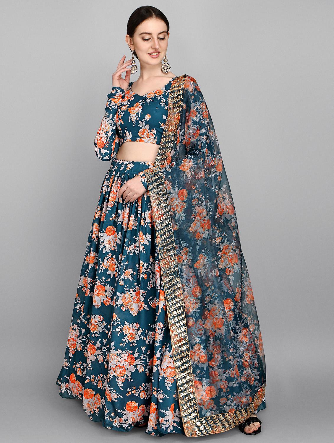 teal blue embroidered & sequence work floral semi-stitched lehenga choli with dupatta - 18439043 - Zoom Image - 1