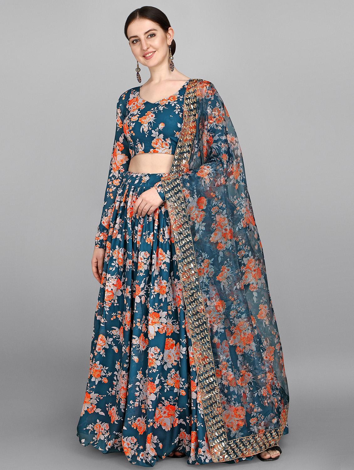 teal blue embroidered & sequence work floral semi-stitched lehenga choli with dupatta - 18439043 - Zoom Image - 2