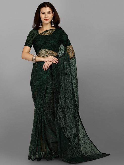 bottle green self design net saree with blouse - 18439121 - Standard Image - 1