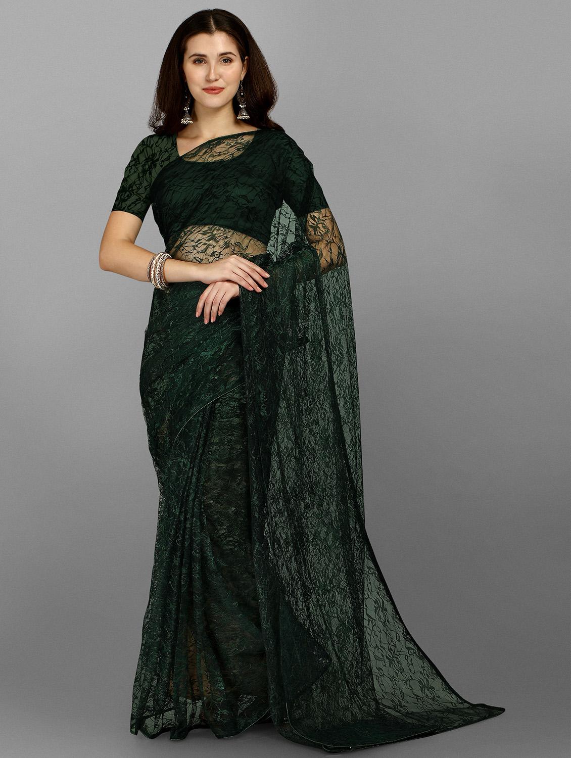 bottle green self design net saree with blouse - 18439121 - Zoom Image - 1