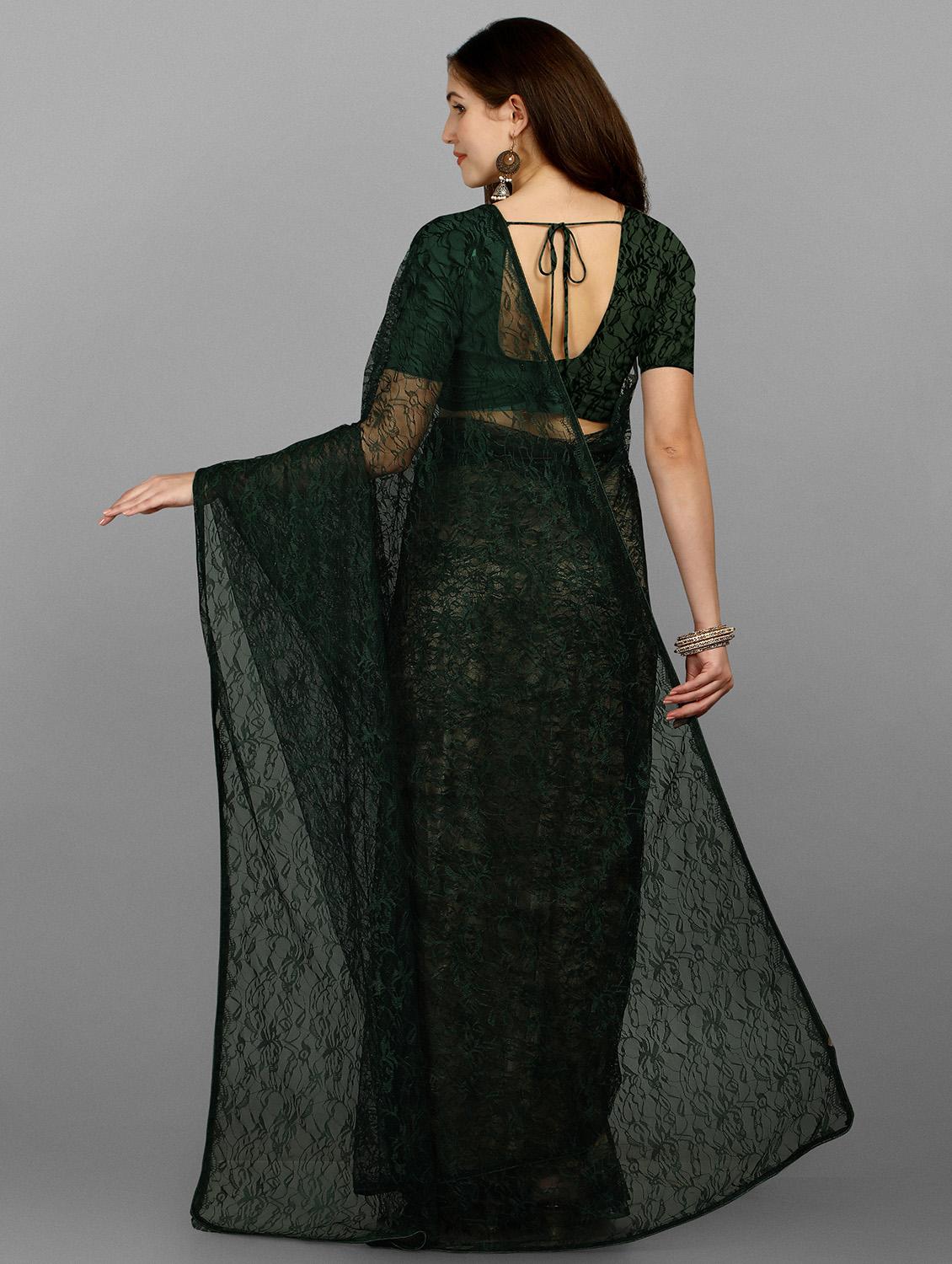 bottle green self design net saree with blouse - 18439121 - Zoom Image - 2