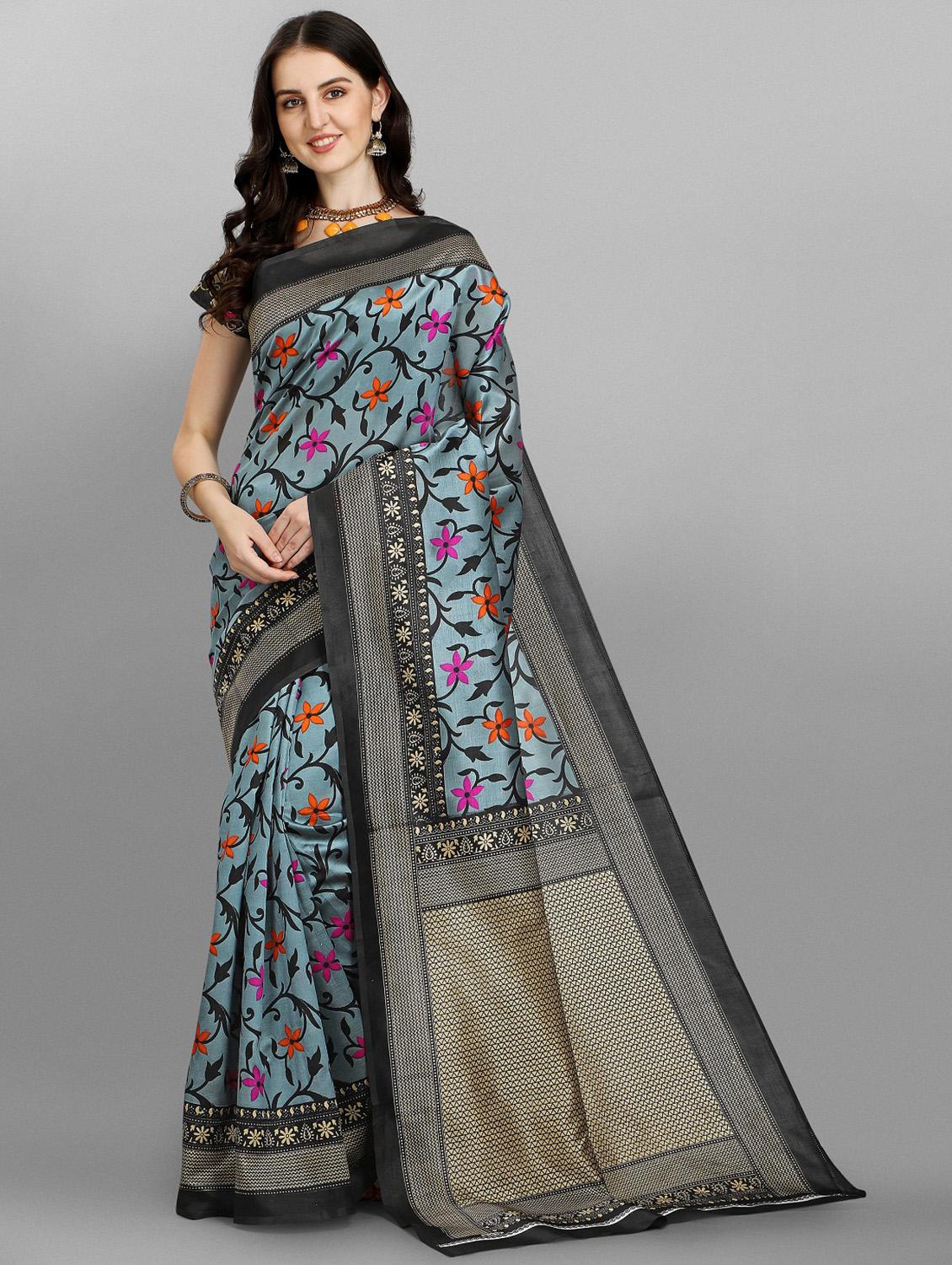 contrast bordered printed saree with blouse - 18439144 - Zoom Image - 1